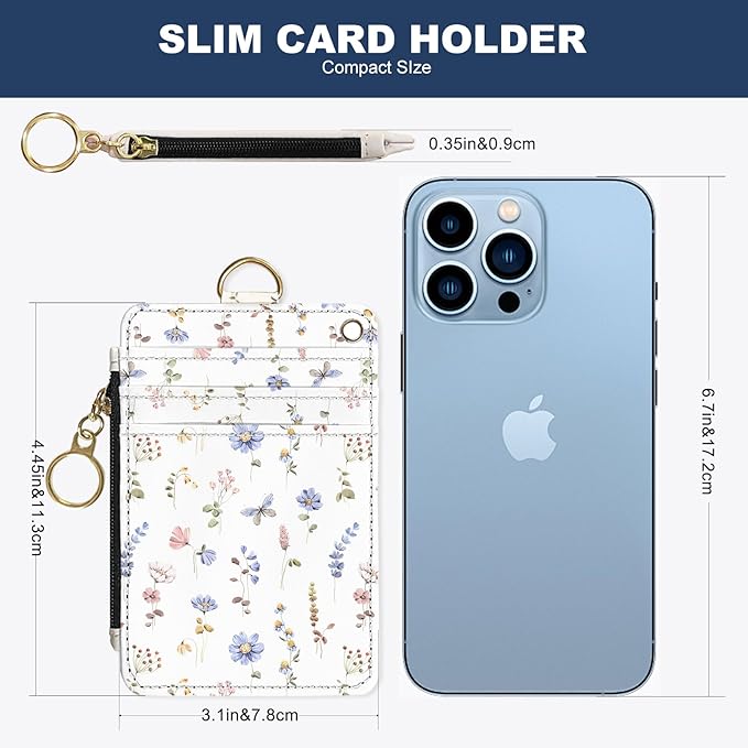Slim Wallet Credit Card Holder, White And Purple Floral Print, RFID Wallet Women Cute Small Front Pocket Wallet With Zipper, PU Leather Thin travel RFID Blocking Card Case ID Window ,Ladies Gifts