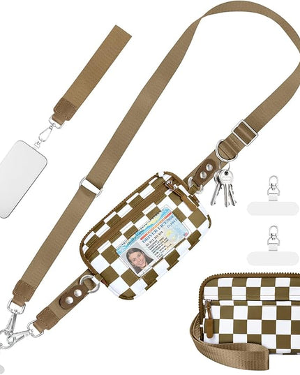Clip and Go Strap for Phone with Wallet Crossbody Phone Lanyard and Detachable Checkered Bag with ID Window and RFID Pouch for Daily Travel.