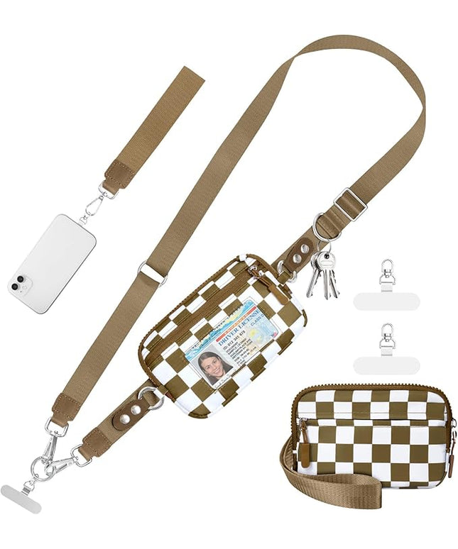 Clip and Go Strap for Phone with Wallet Crossbody Phone Lanyard and Detachable Checkered Bag with ID Window and RFID Pouch for Daily Travel.