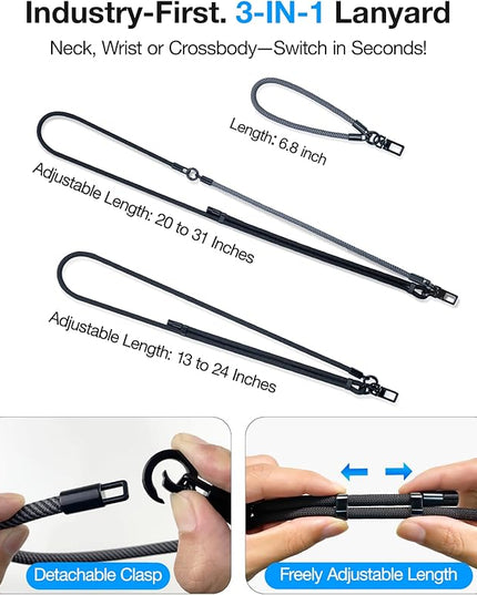 Phone Lanyard Crossbody, 2025 NEW Convertible Neck Strap& Wrist Strap, Adjustable Anti-Theft Lanyard with 2 Phone Tether Tabs, Universal Cell Phone Strap for iPhone 17 Pro Max Case, Black