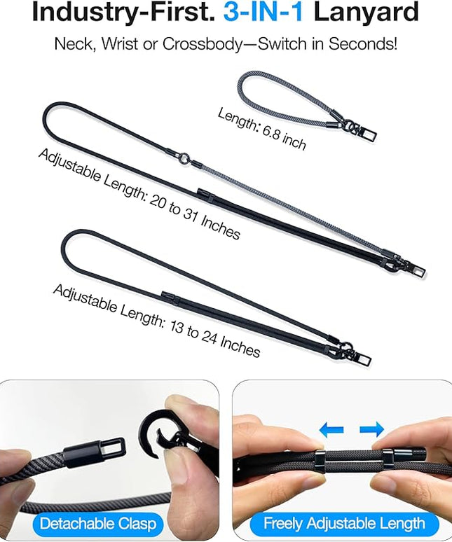 Phone Lanyard Crossbody, 2025 NEW Convertible Neck Strap& Wrist Strap, Adjustable Anti-Theft Lanyard with 2 Phone Tether Tabs, Universal Cell Phone Strap for iPhone 17 Pro Max Case, Black