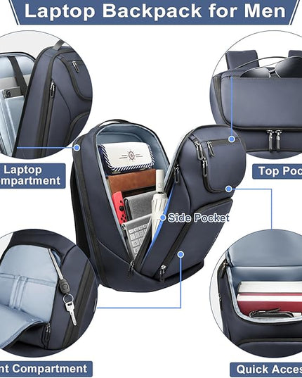 hk Business Smart Backpack for Men Anti-Theft for 17.3 Inch Laptop with USB Charging Port Water-Resistant Large Durable Compact 30L for Travel College Work-Deep Blue