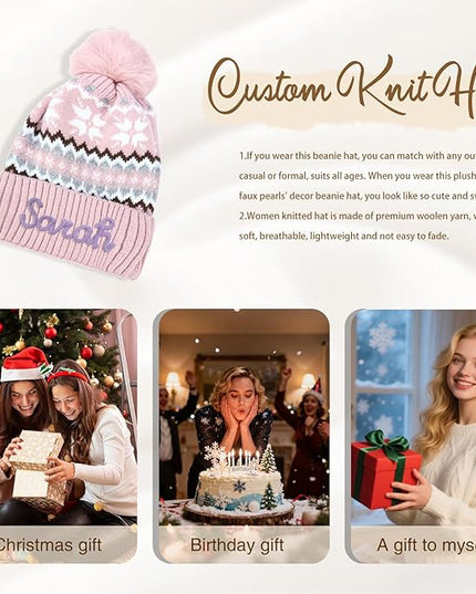 Personalized Beanie for Women Custom Knit with Name, Winter Hat with Pom Pom, Soft Lined Warm Hat, Birthday Gift