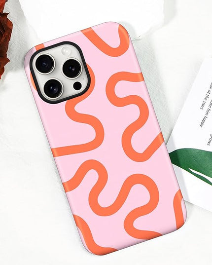 Magnetic for iPhone 15 Case Cute Curved Stripes Phone Case, Shockproof Slim TPU and Hard PC Protective Phone Cover Compatible with MagSafe Designed for Women Girls,Pink