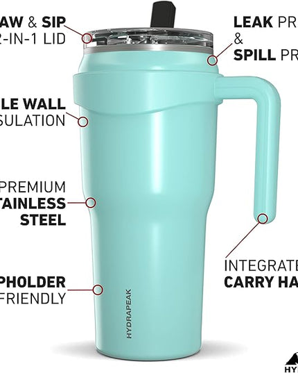 Hydrapeak Roadster 40oz Stainless Steel Tumbler Double Wall Vacuum Insulated Water Bottle With Handle And 2 in 1 Straw Lid (Aqua Gloss)