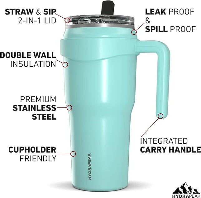 Hydrapeak Roadster 40oz Stainless Steel Tumbler Double Wall Vacuum Insulated Water Bottle With Handle And 2 in 1 Straw Lid (Aqua Gloss)