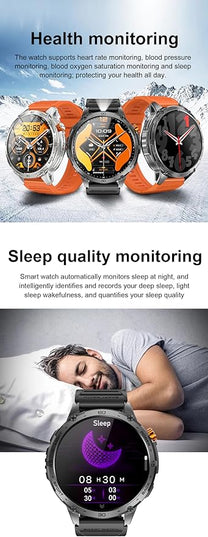 Military Smart Watch, 1.75" Crystal Ultra-Clear AMOLED Display,Spo2 Blood Oxygen Heart Rate Monitor Super Long Standby 730mAh Battery, Bluetooth Calling,LED Flashlight,IP68 Waterproof (Black)