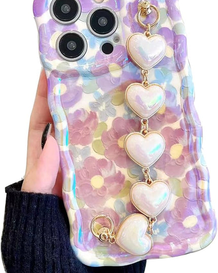 for iPhone 12 Pro Case, [Sparkling Purple Flower Oil Painting] [with Luxury Heart Bracelet] [Fashionable Wave Edge Shape] Soft TPU Drop and Shock Resistant for Women and Girls 6.1"
