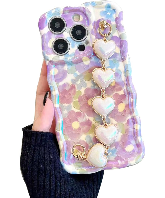 for iPhone 14 Pro Case, [Sparkling Purple Flower Oil Painting] [with Luxury Heart Bracelet] [Fashionable Wave Edge Shape] Soft TPU Drop and Shock Resistant for Women and Girls 6.1"
