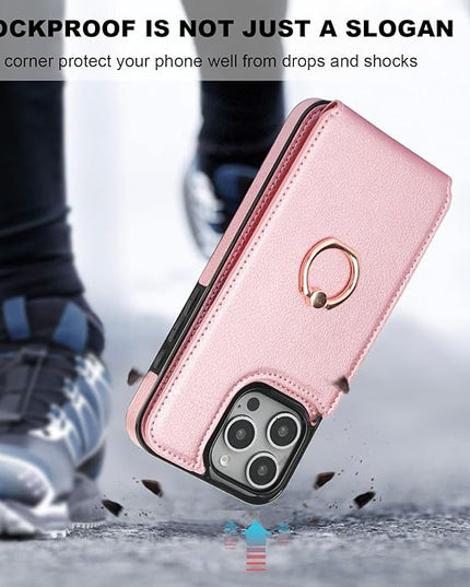 Folosu Compatible with iPhone 16 Pro Max Case Wallet with Card Holder, 360°Rotation Finger Ring Holder Kickstand, RFID Blocking Leather Protective Double Buttons Shockproof Cover 6.9 Inch Rose Gold