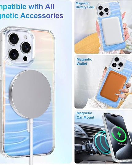 Cute Case for iPhone 15 Pro Case for Women Girls [ Compatible with Magsafe ] Clear Glitter Girly Aesthetic Rainbow Sparkly Bling Magnetic Phone Cover, Iridescent Milky Way