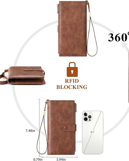 SENDEFN Wallet for Women RFID Blocking Leather Clutch Long Purse Large Capacity Credit Card Holder Wristlet