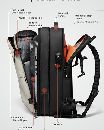 BlackVoyage Vortex Vacuum Seal Travel Backpack 60L Expandable Air Compression System Water Resistant TSA Lock Carry-On Suitcase Luggage White AERO - Vacuum Pump Included
