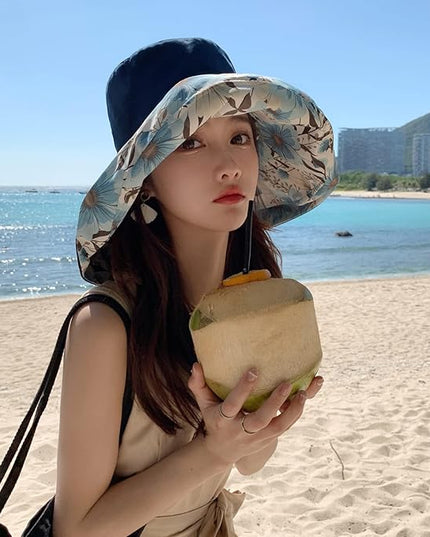 HUAMULAN Women Summer Sun Hat Wide Brim Wired Edge Floral Beach Bucket Hats Reversible Foldable Travel UV Protection Lady Hat