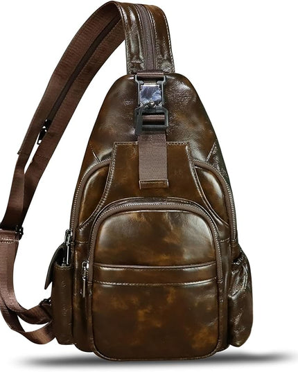 Genuine Leather Sling Bag for Men and Women Handmade Sling Backpack Purse Chest Over Shoulder Crossbody Bag Large Capacity (Coffee)