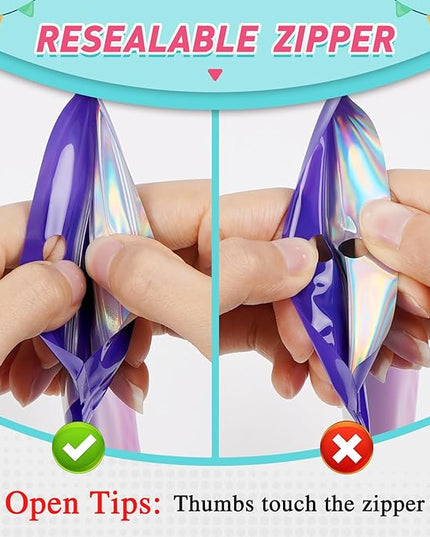 Funfery 300 Pack Smell Proof Resealable Bags for Food Storage,Holographic Bags 4x6 Purple Pink Mylar Clear Packaging Bag- Scent Proof for Cookies, Zip Foil Pouch for Small Business