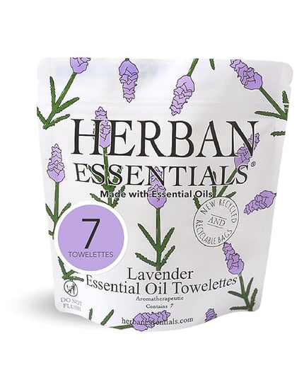 Herban Essentials - Lavender Wipes & Towelettes - Essential Oil Wipes for Make Up, Hands, Face & Body - Travel Size Essentials and Toiletries - Natural, Individually Wrapped and Disposable - 7 Count