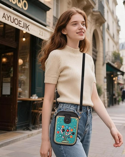 Women's Small Crossbody Cell Phone Bag, Boho Colorful Beaded Purse Wallet with Handmade Cute Patterns
