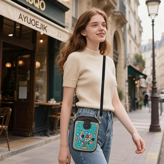 Women's Small Crossbody Cell Phone Bag, Boho Colorful Beaded Purse Wallet with Handmade Cute Patterns