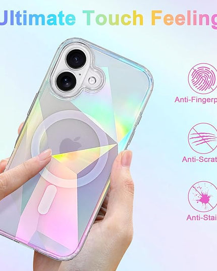 Cute Case for iPhone 17 Case for Women Girls [ Compatible with Magsafe ] Clear Glitter Girly Aesthetic Rainbow Sparkly Bling Magnetic Phone Cover, Iridescent Geometry