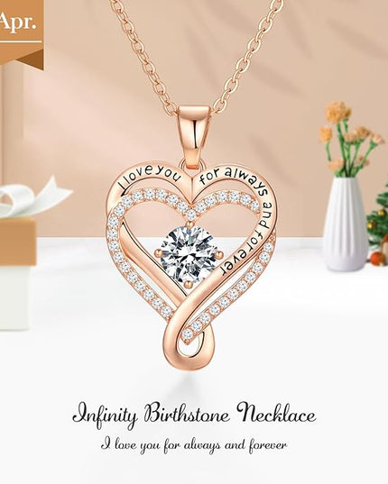 Infinity Love Heart Birthstone Necklace for Women Wife, S925 Sterling Silver Anniversary for Women Wife Birthday Gift for Her Girlfriend Mom Daughters, I Love You Women's Jewelry 18k Rose Gold Filled