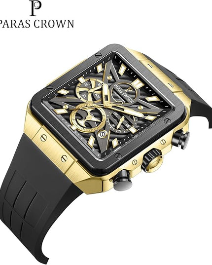 Paras Crown Watches for Men Tonneau 5ATM Waterproof Quartz Luxury Chronograph Analog Men's Wrist Watches Stainless Steel Case Mens Watches