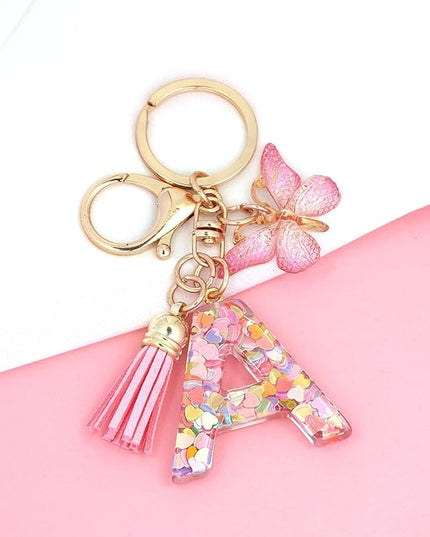Fashion Alphabet Initial Letter Keychain Tassel Butterfly Pendant Key Ring for Purse Handbags Women Girl