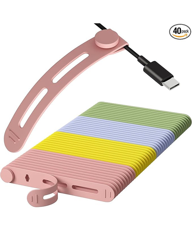 40Pcs Nearockle Reusable Cable Ties, Adjustable Silicone Cord Organizer Small Zip Ties for Charging Cords Earphone Computer Wire, Office Desk Cable Management Travel Accessories(4 Colors)