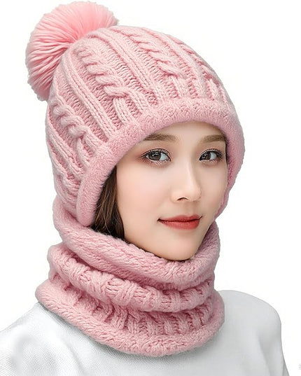 HUAMULAN Women Winter Beanie Hats One Piece Fleece Lined Knit Balaclavas Mask Set Skull Neck Circle Scarf Ski Snow Hat Pompom