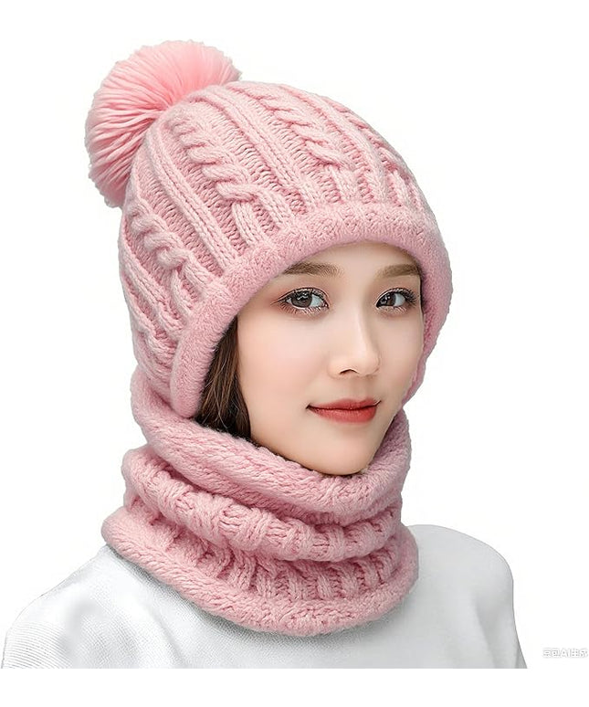 HUAMULAN Women Winter Beanie Hats One Piece Fleece Lined Knit Balaclavas Mask Set Skull Neck Circle Scarf Ski Snow Hat Pompom