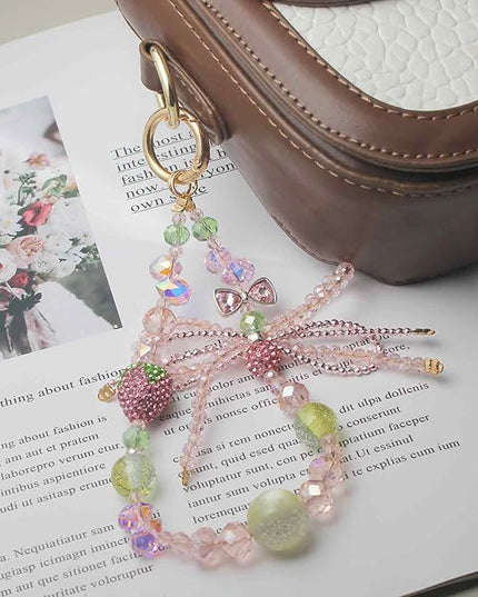 Phone Charm Wrist Strap with Diamond Inlay, Strawberry Bow & Crystal Flower Design for iPhone, Kindle, Camera, Pink Purple Green Key Wristlet, Lanyard for womens keychain wristlet