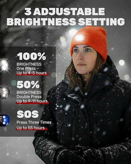 OKKLE Unisex LED Beanie with Light, USB Rechargeable Headlamp Hat, Winter Gifts for Men Women Husband Him Orange