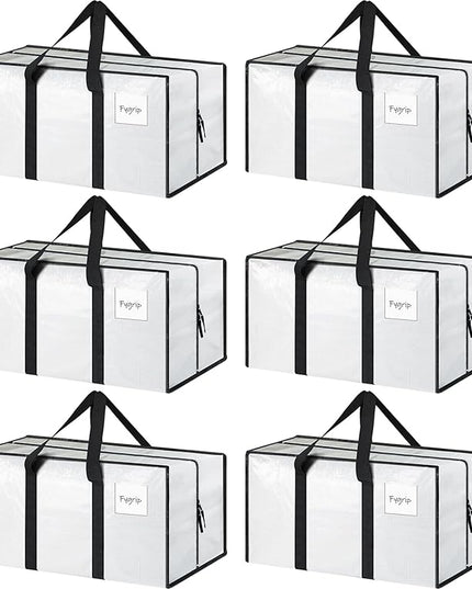 6 Pack Extra Heavy Duty Large Moving Bags with Strong Zipper & Comfortable Handles, Sturdy & Durable Clothes Storage Bags Totes Bins, Packing Moving Boxes for College Supplies, White