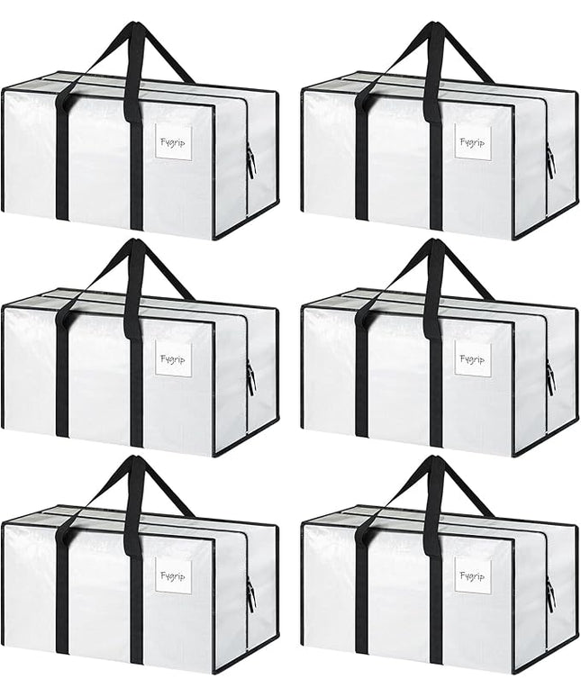 6 Pack Extra Heavy Duty Large Moving Bags with Strong Zipper & Comfortable Handles, Sturdy & Durable Clothes Storage Bags Totes Bins, Packing Moving Boxes for College Supplies, White
