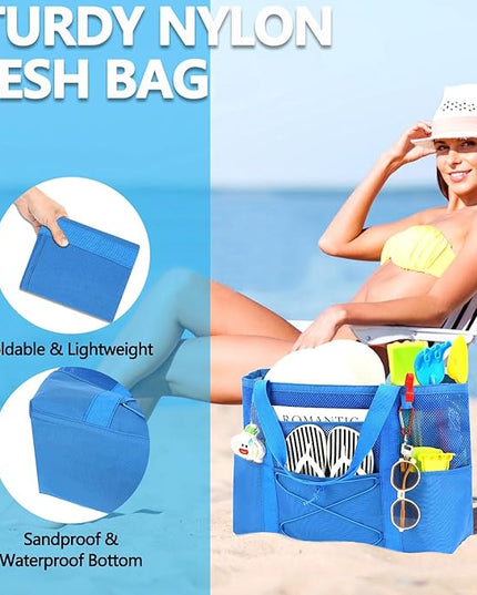 Mesh Beach Bag, Large Beach Tote with Zipper Pocket, Toys Pool Bag for Family Travel Vacation Cruise Essentials