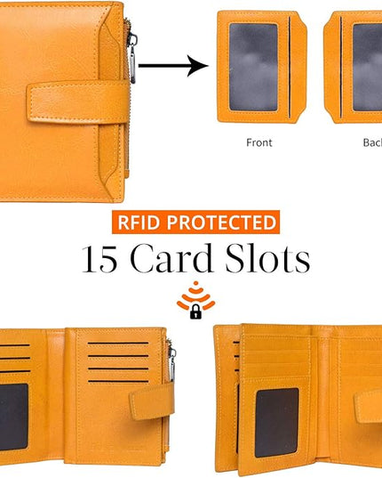 Bveyzi Women's Small Leather RFID Blocking Bifold Zipper Pocket Wallet Ladies Credit Card Slots Purse with id Window