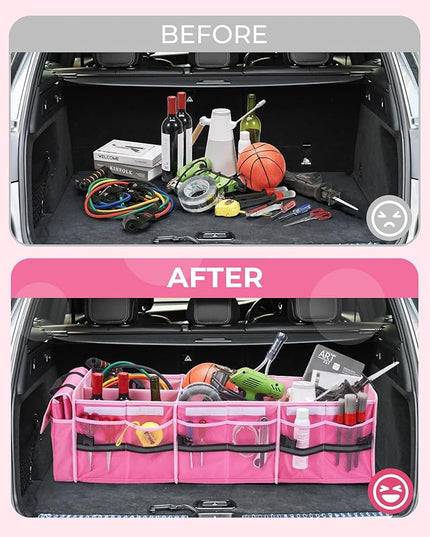 HIRALIY 4 in 1 Car Trunk Storage Organizer with Leakproof Cooler Bag, Multi-Compartment Foldable Trunk Storage Box for Car Truck SUV