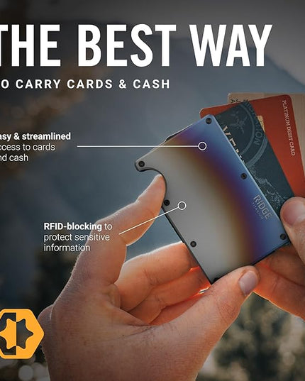 Ridge Wallet for Men - Slim Minimalist Compact Wallet and Card Holder, RFID Protected Front Pocket Wallets for Men with Integrated Cash Strap (Burnt Titanium)