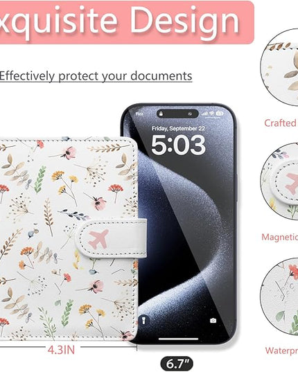 Passport Holder, Travel Wallet Cover with Pen Loop | Cute RFID Blocking Leather Case with Magnetic Closure for Travel Essentials-Flower