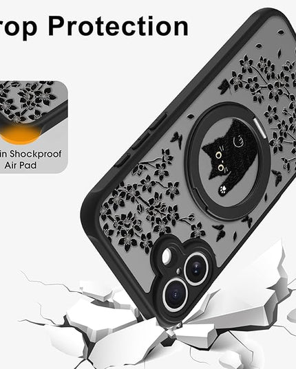 Cute Case for iPhone 16 Plus Case with Stand [ Compatible with MagSafe ] Kawaii Black Cat & Floral & Butterflies Pattern Design 360 Magnetic Ring Kickstand Phone Cover for Women Girls Boys