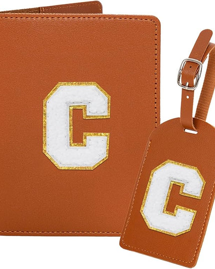 ULICO Initial Passport Cover and Luggage Tag Set,PU Leather Letter Passport Case Holder Travel Suitcase Tag, Personalized Travel Luggage Accessories Gifts for Women Kids Teenage Brown G
