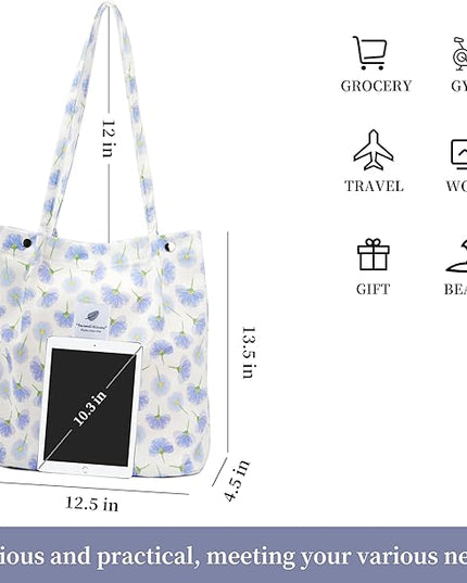 Corduroy Tote Bag Cute Tote Bags for Women Shoulder Bag with Inner Pocket for Work Beach Travel and Shopping Grocery