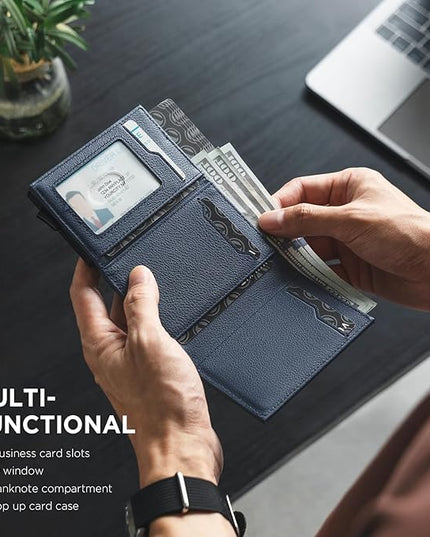 VULKIT Pop up Card Wallet Minimalist Cash Wallets RFID Blocking Leather Smart Credit Card Holder with ID window for Men