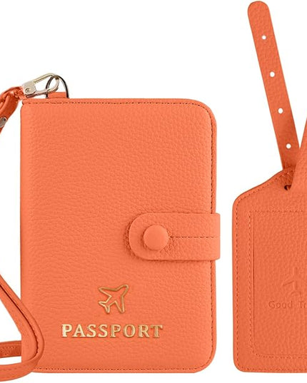Passport Holder RFID Protected Wallet and Luggage Tag with Protection Cover Travel Accessories Leather Card Case Organizer for Women Men (Orange)