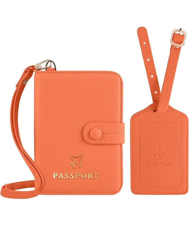 Passport Holder RFID Protected Wallet and Luggage Tag with Protection Cover Travel Accessories Leather Card Case Organizer for Women Men (Orange)