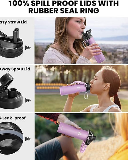 Insulated Water Bottle 20 oz, Triple Wall Vacuum Stainless Steel (Cold for 48 Hrs), Leak Proof & Non-BPA, Kids Water Bottle Jug for School with Straw Spout Lids, Lilac