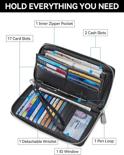 BOSTANTEN Leather Wallet for Women RFID Blocking Zip Around Credit Cards Holder Phone Clutch