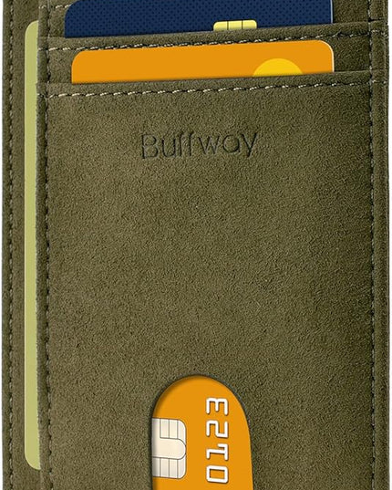 Buffway Slim Minimalist Front Pocket RFID Blocking Leather Wallets for Men and Women - At Sahara Desert Green