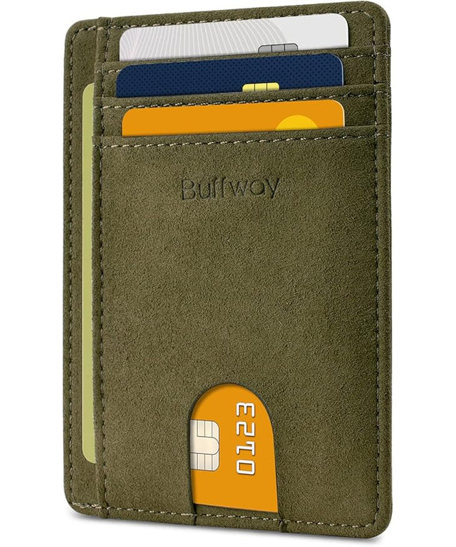 Buffway Slim Minimalist Front Pocket RFID Blocking Leather Wallets for Men and Women - At Sahara Desert Green