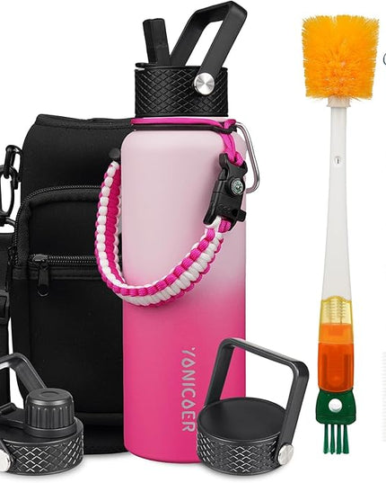 Insulated Water Bottle 40oz,Triple Wall Vacuum Stainless Steel(Dishwasher Safe),Leak Proof & Non-BPA,Flask Jug with Paracord Handle & Straw Spout Lids Sports Cherry Blossom